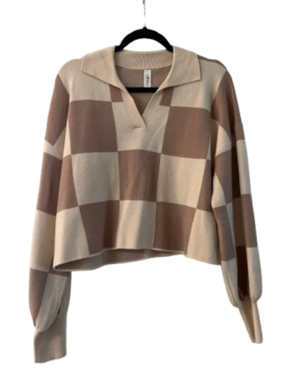 Mahina COlor Block Neutral Crop Collared Sweater Top Size Small Check